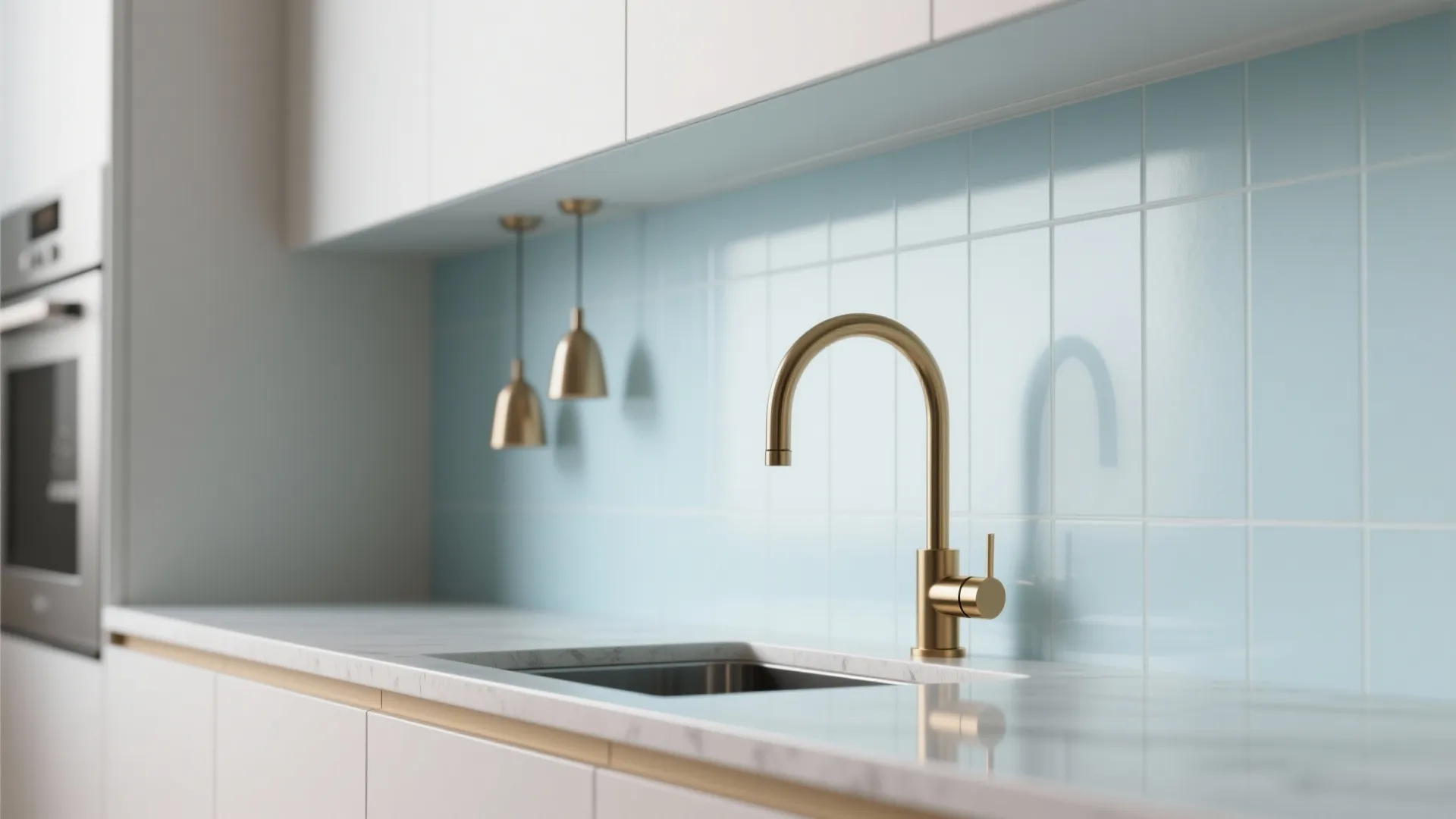 Modern kitchen with gold water tap blue wall tiles white cabinets and small ceiling lights