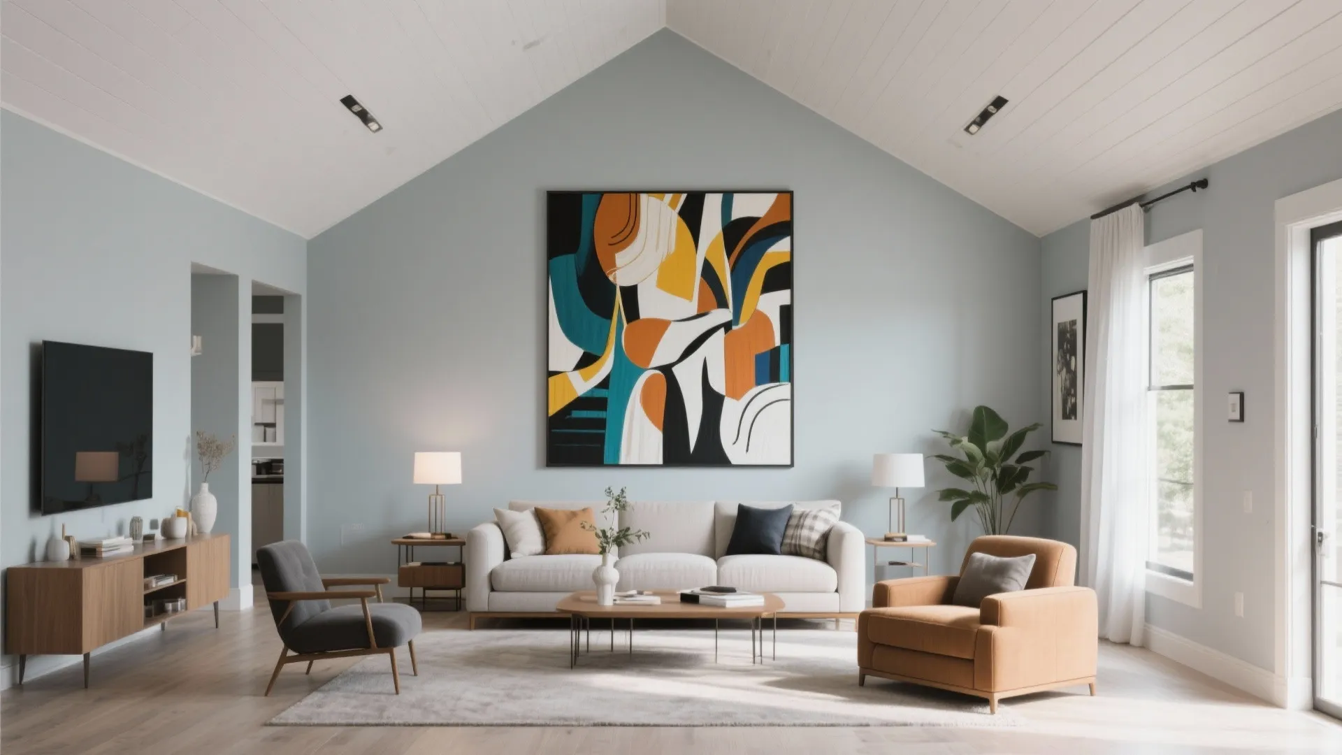 Pale gray vaulted ceiling with bold wall art in a modern living room