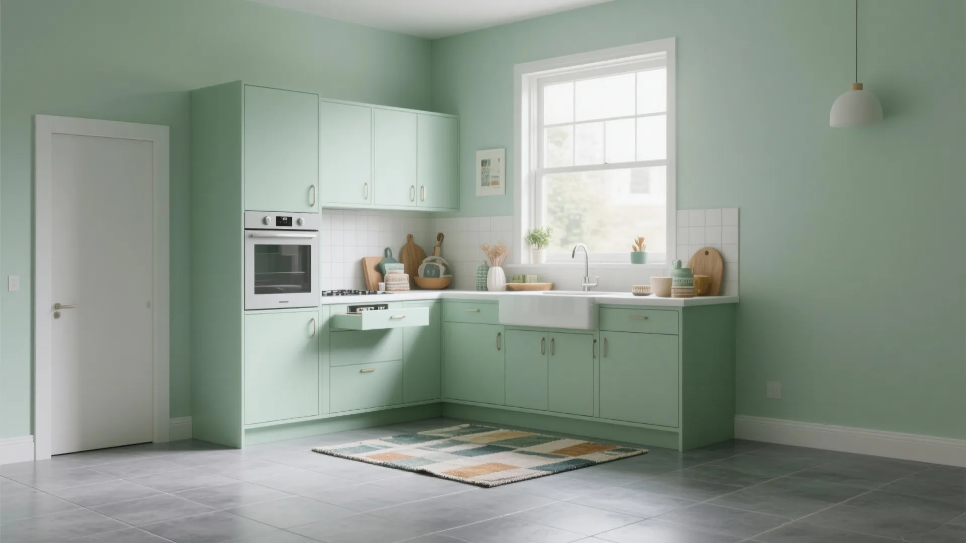 Kitchen with pale green walls and concrete-effect grey flooring with clean grout