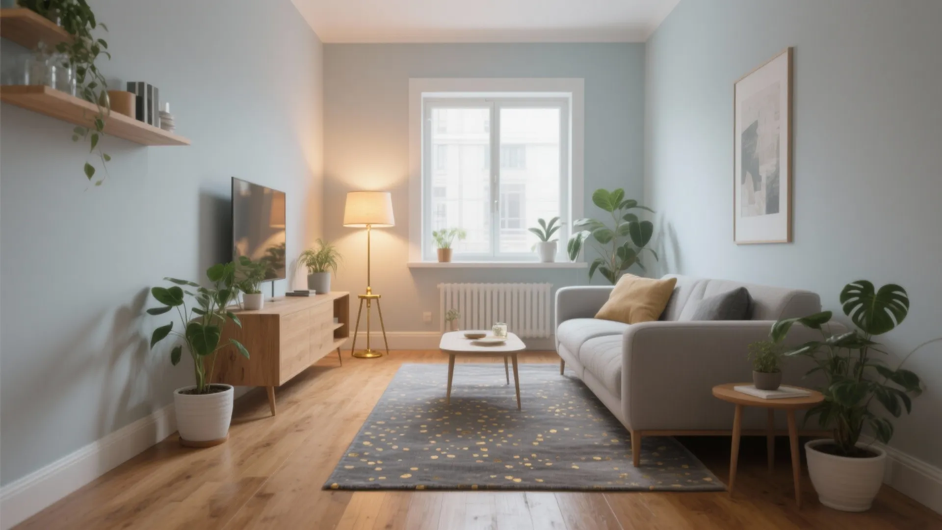 2. Pale Grey Walls + Honey Oak Flooring