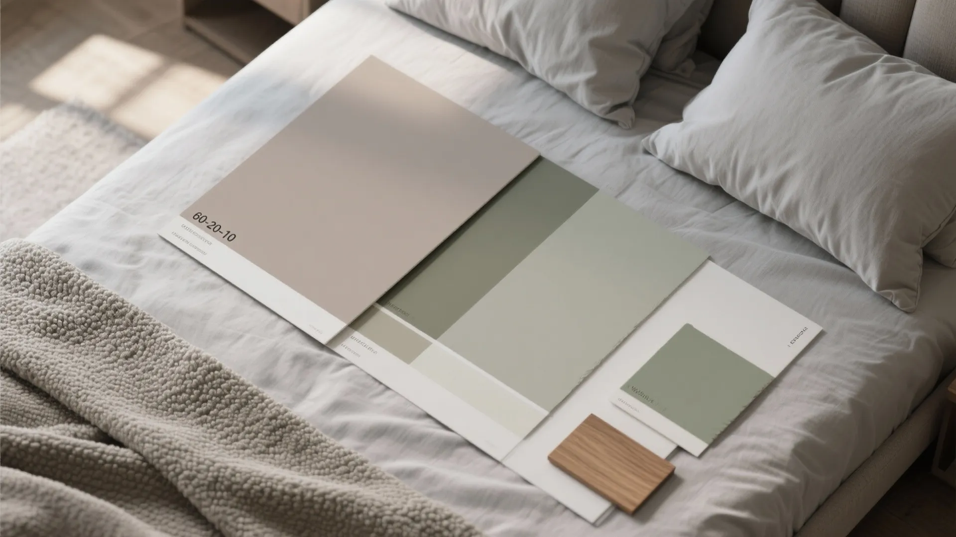 Top-down flat lay of taupe, misty gray, and sage fabric and paint swatches with an oak sample in soft daylight.