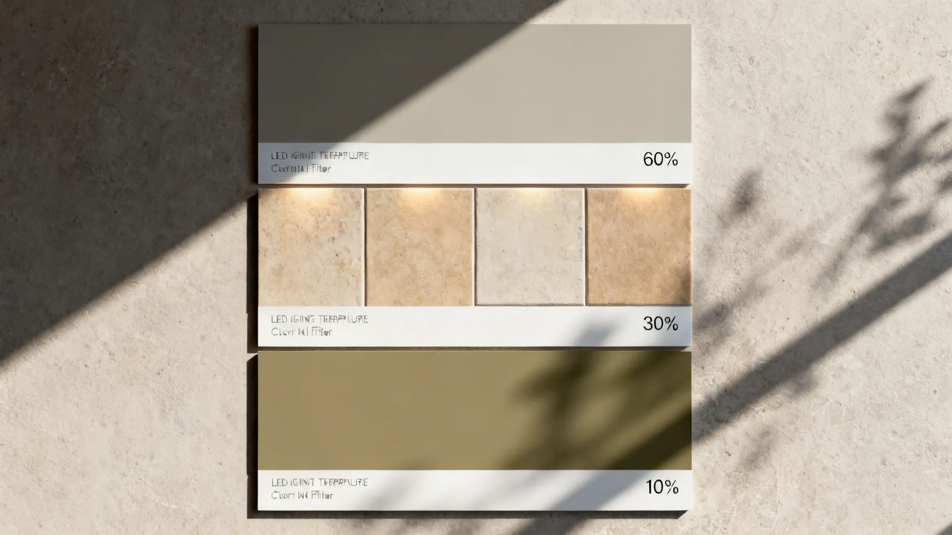 Top-down palette plan showing 60/30/10 with greige walls, warm neutral tiles, and a muted olive accent.