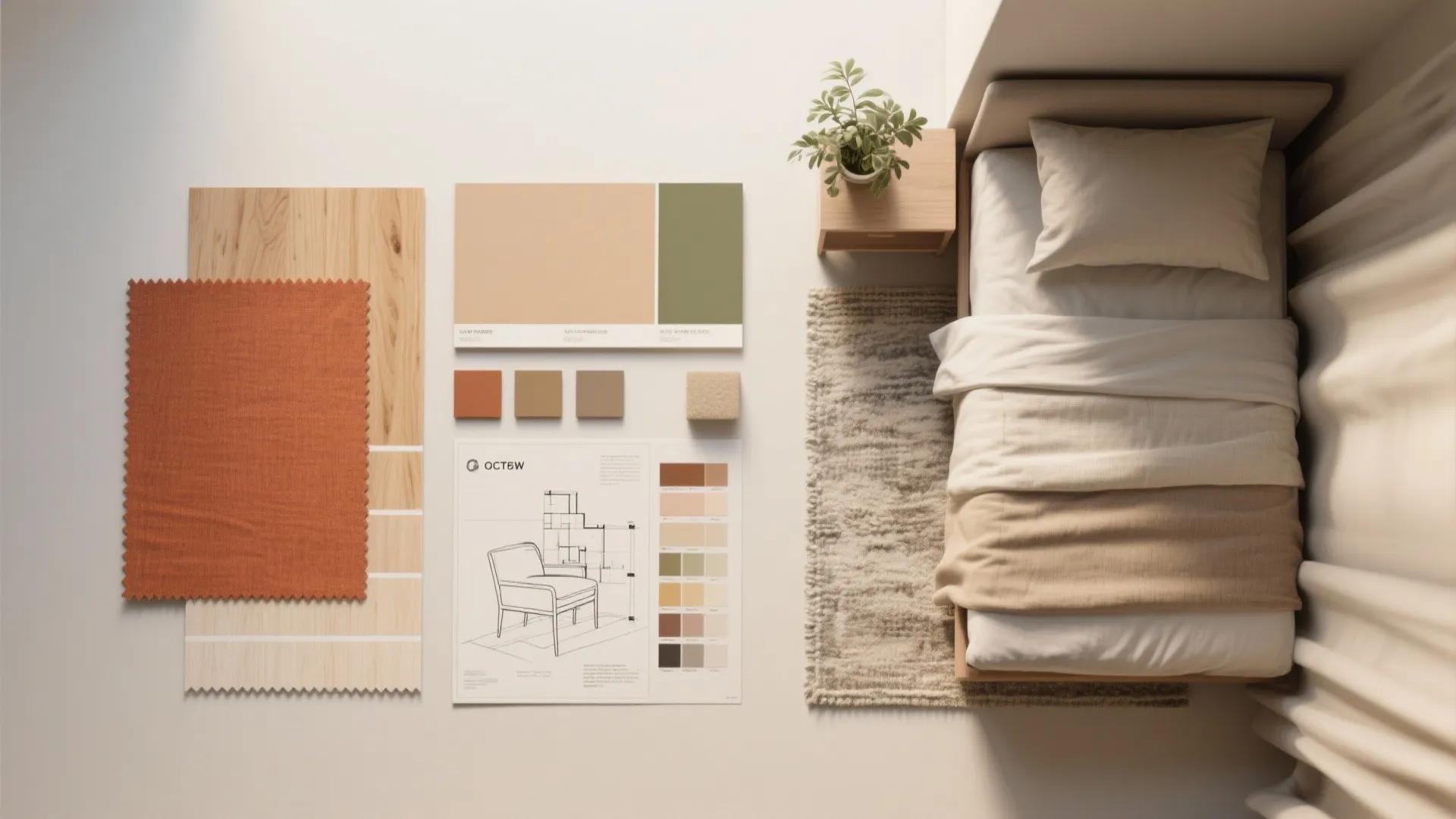 Interior design mood board with color swatches fabric samples and chair drawing next to bed