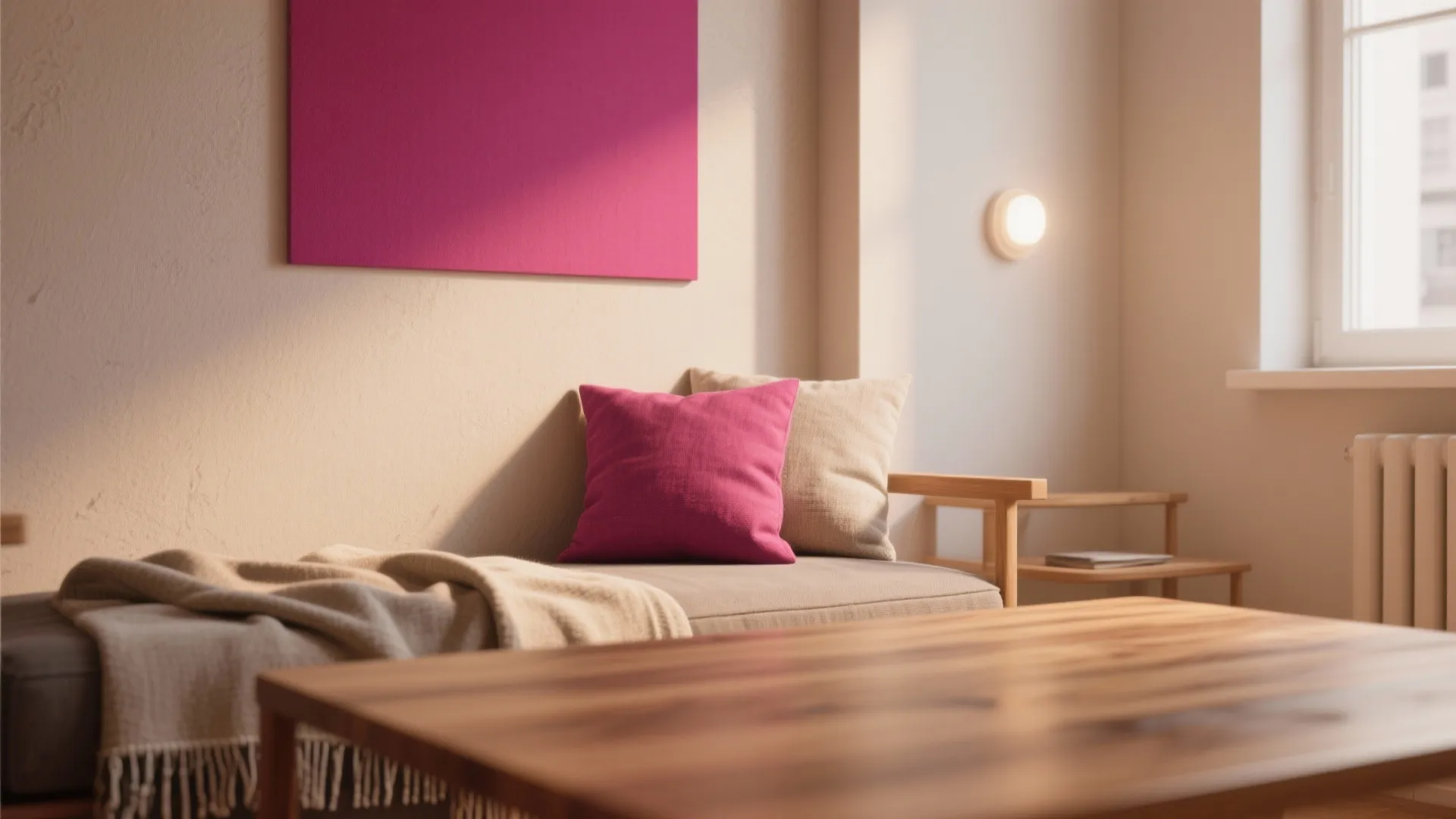 Detail of neutral wall with a single bold accent and coordinating textiles