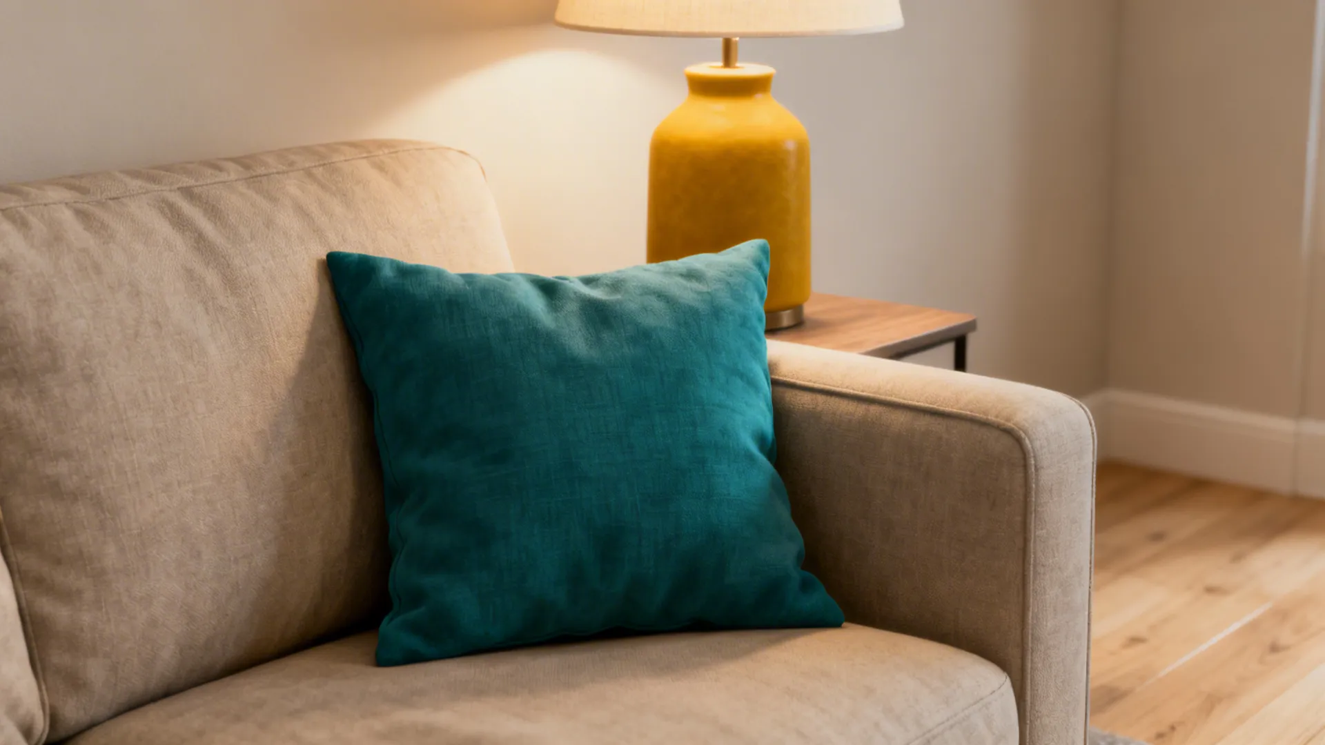 Neutral sofa accented with teal cushions and a mustard lamp in a small living room.