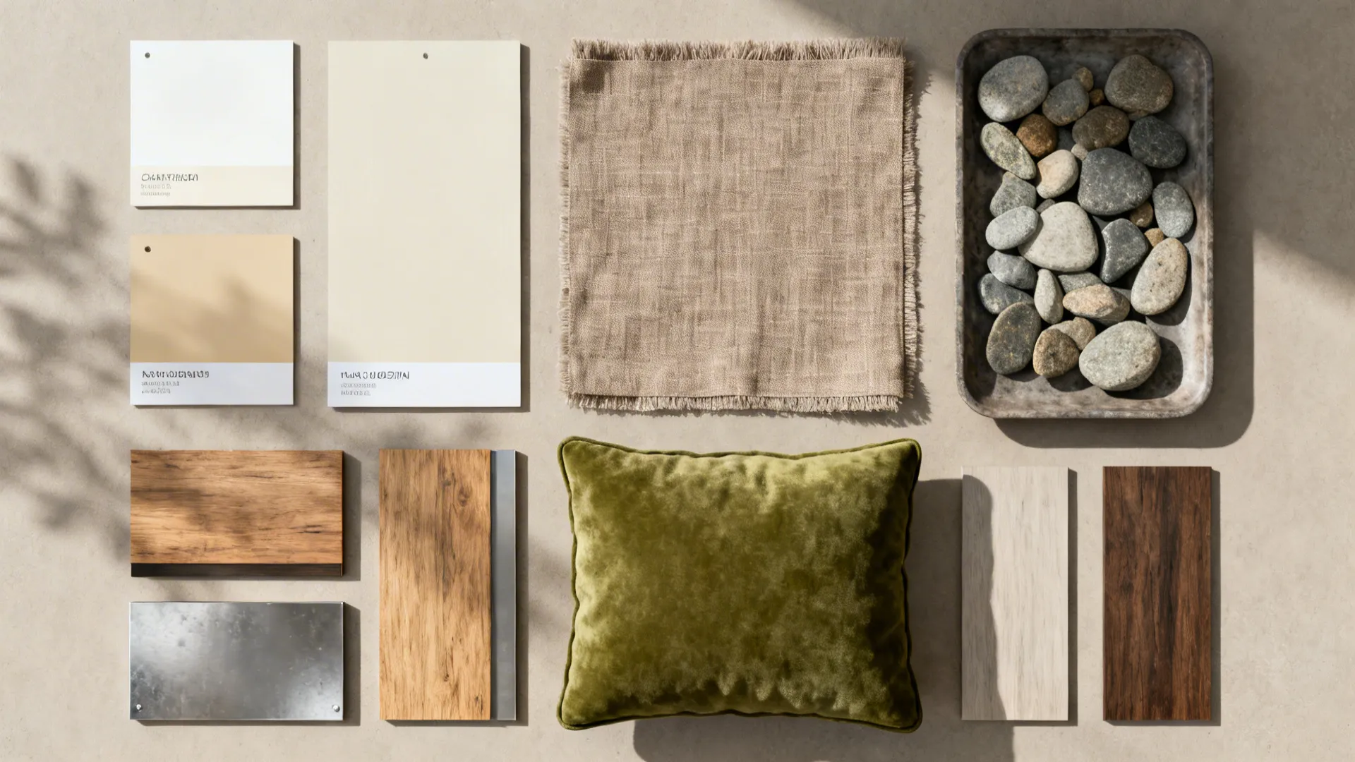 Neutral palette flatlay with moss-green accent fabric and riverstone tray sample