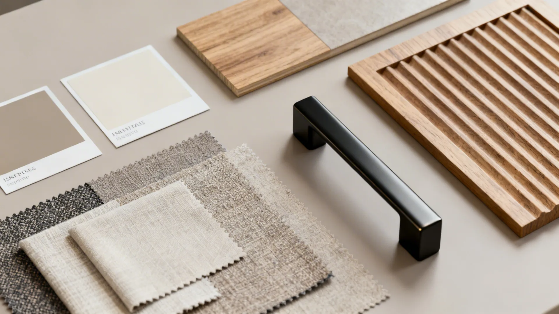 Material flatlay with neutral paint chips, wood sample and matte black hardware accent.