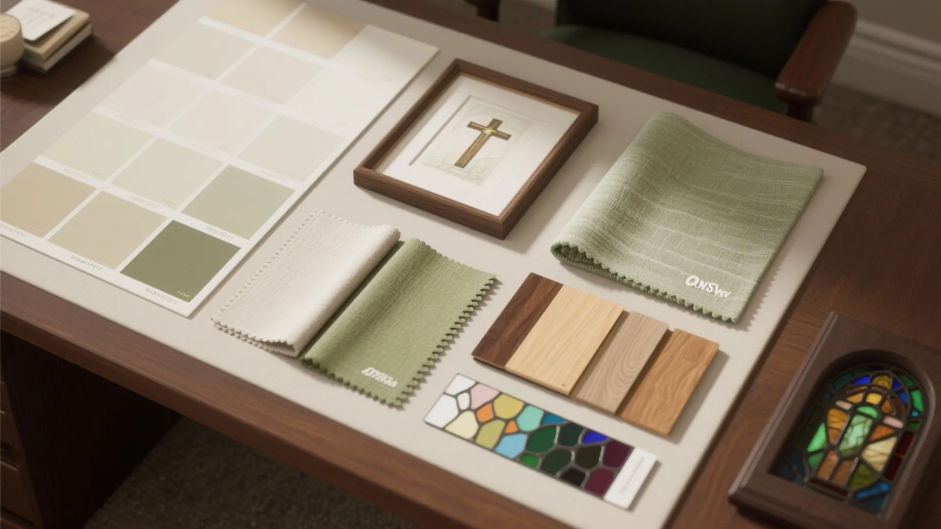 Interior design mood board with green fabric samples, wood flooring pieces, and various color swatches