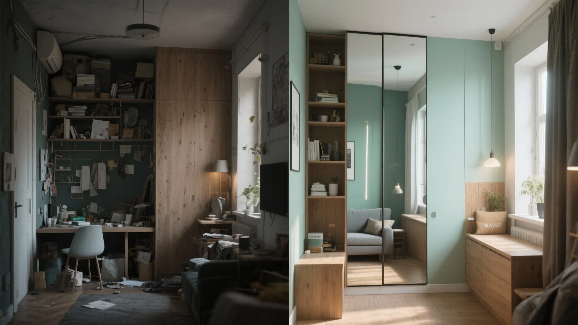 Before and after comparison of messy dark room and bright modern green bedroom interior design