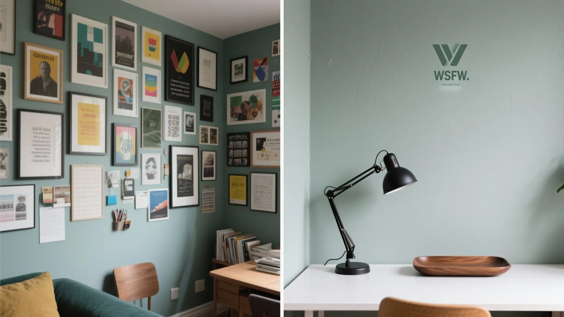 Comparison between a busy gallery wall with many pictures and a simple clean white desk