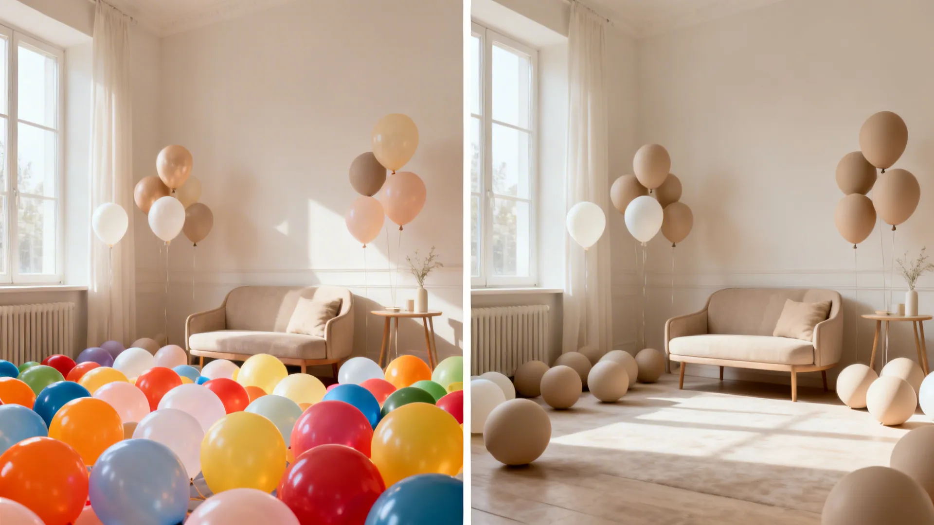 Before and after comparison showing colorful balloons versus neutral beige balloons in a bright room