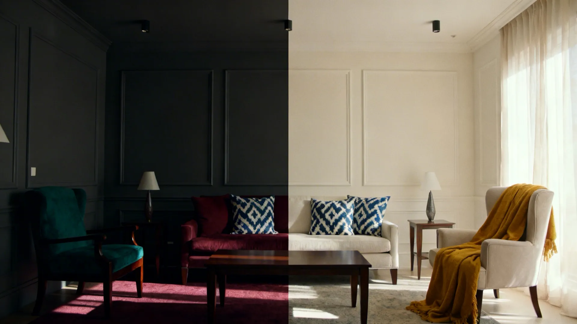 Before-and-after view showing dark scheme versus light almond-white palette with colorful textiles.