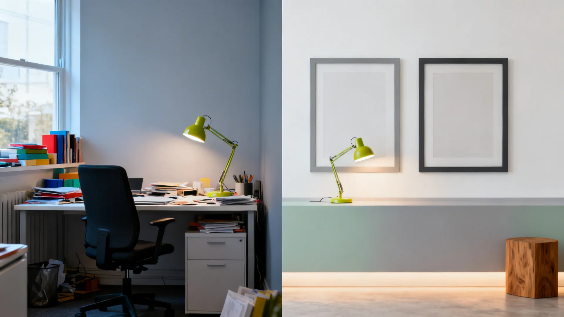 Before-and-after small office palette: cluttered colors vs calm base with two accents.