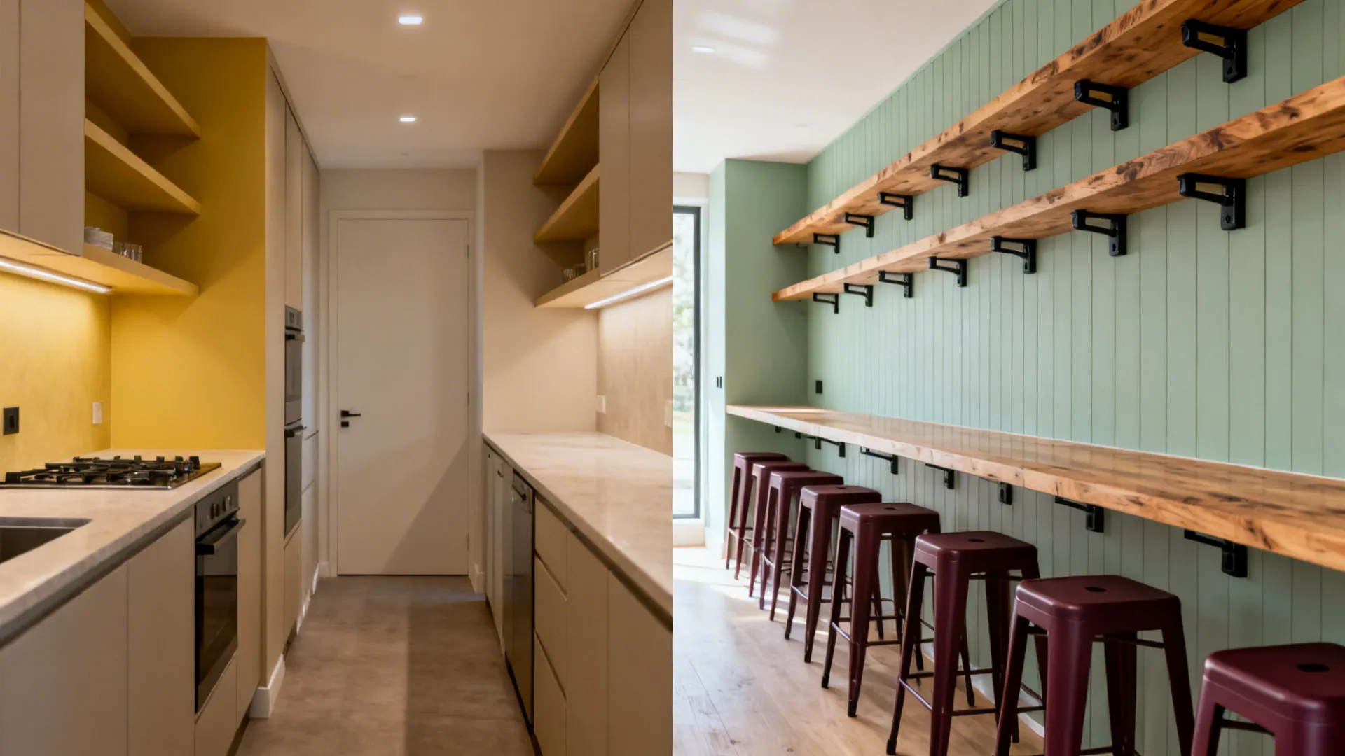 Before-and-after of a small galley shifting to merlot and sage with oak accents.