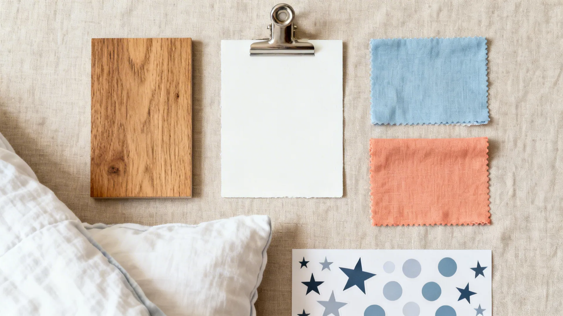 Top-down material flat lay with oak, white, blue and coral swatches and decal samples.