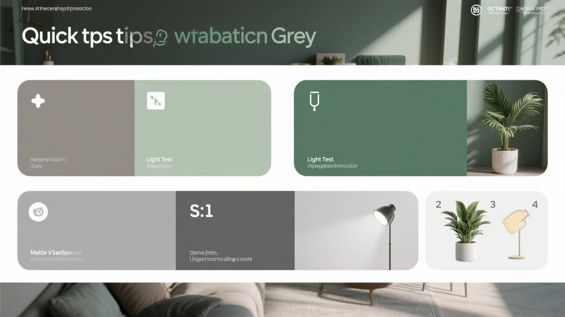Graphic showing grey and green color palettes with plant pots and a black floor lamp