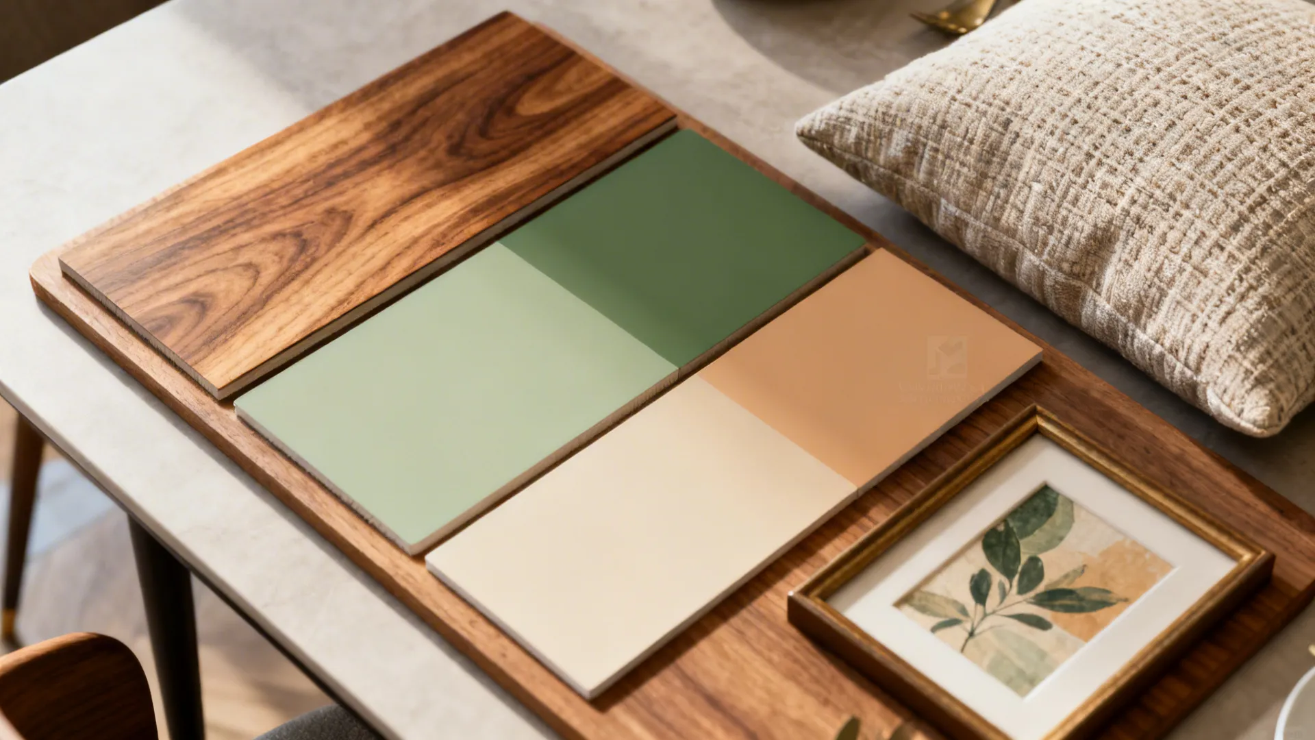 Material and color swatches showing a cohesive warm wood and muted green palette
