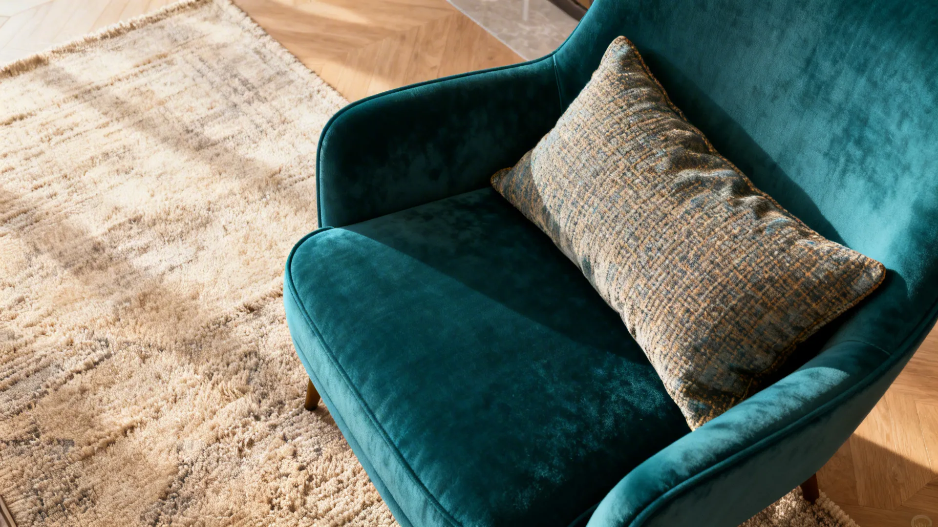Textured neutral rug and deep teal cushion showing cohesive palette with contrast points.