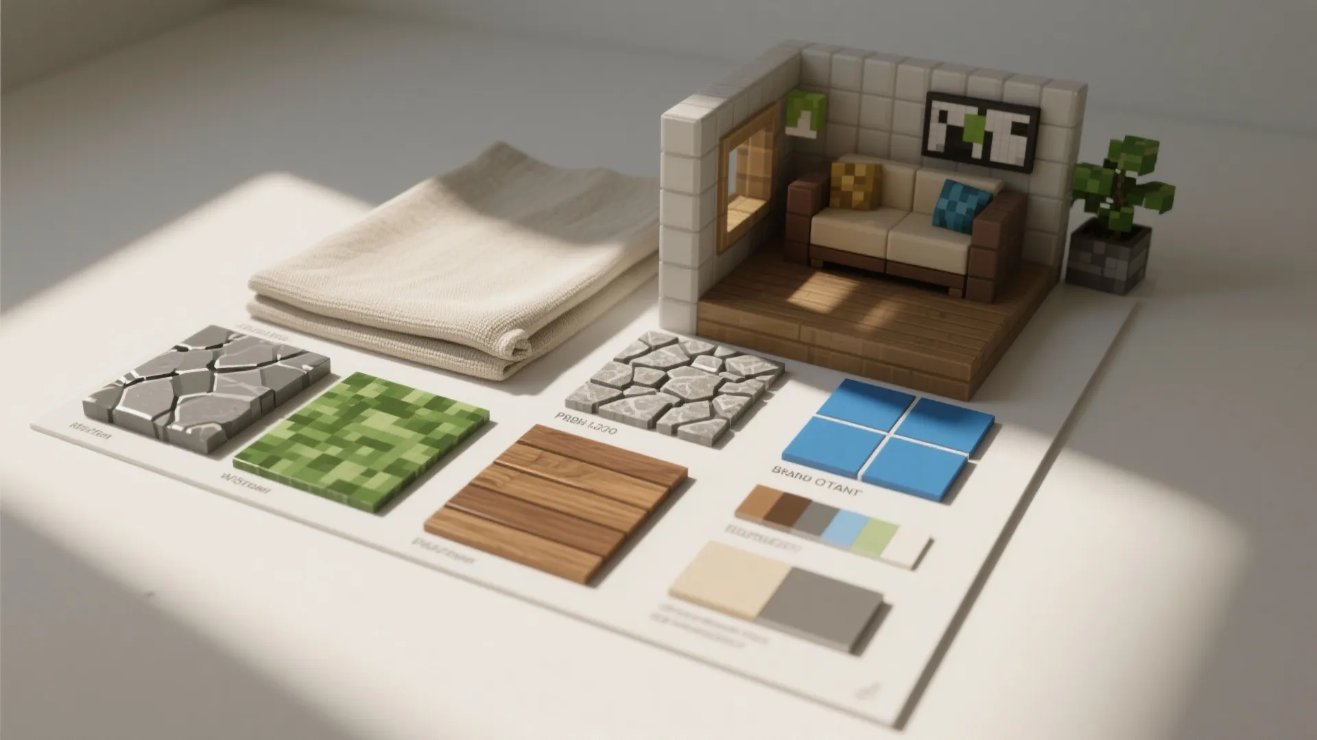 Material board with tile samples and fabric next to a small 3D interior design drawing