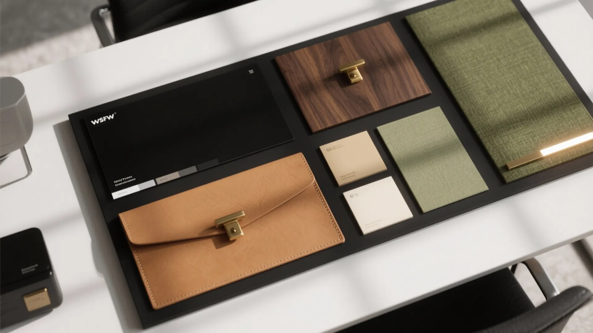 Flat lay of black paint, walnut veneer, camel leather, brass, sand and cream chips, muted green fabric, and laminate.