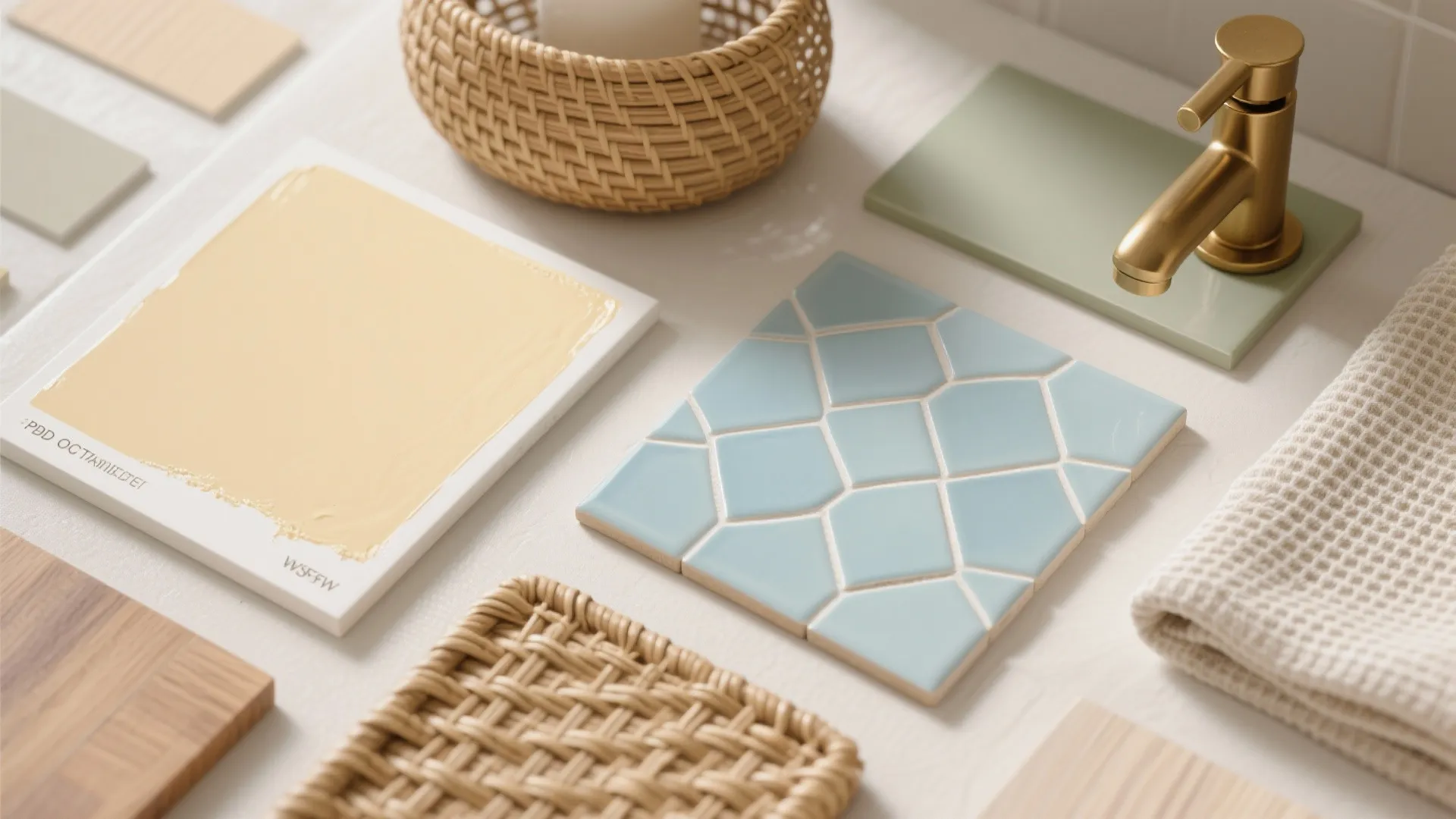 Interior design palette with blue tiles, yellow paint sample, gold water tap, and woven baskets