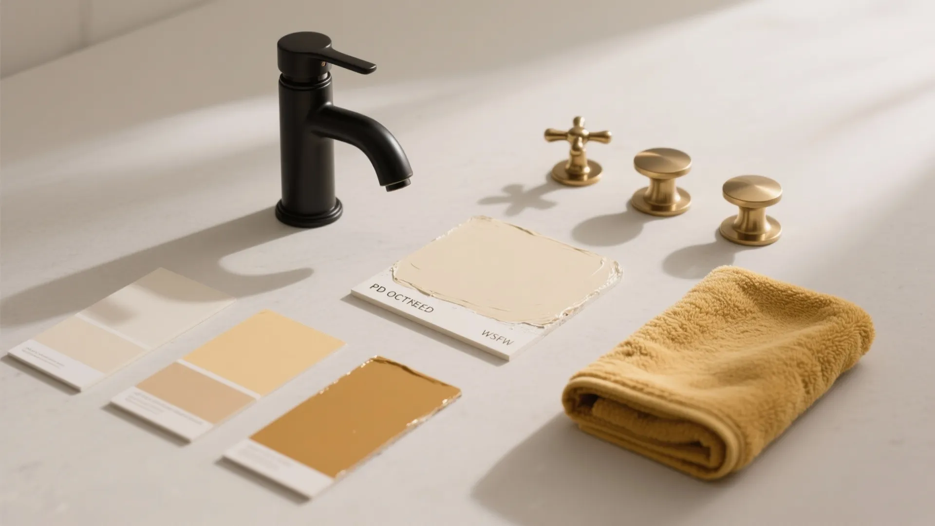 Flatlay showing cream and white swatches with matte black and brass hardware plus mustard textile accents.
