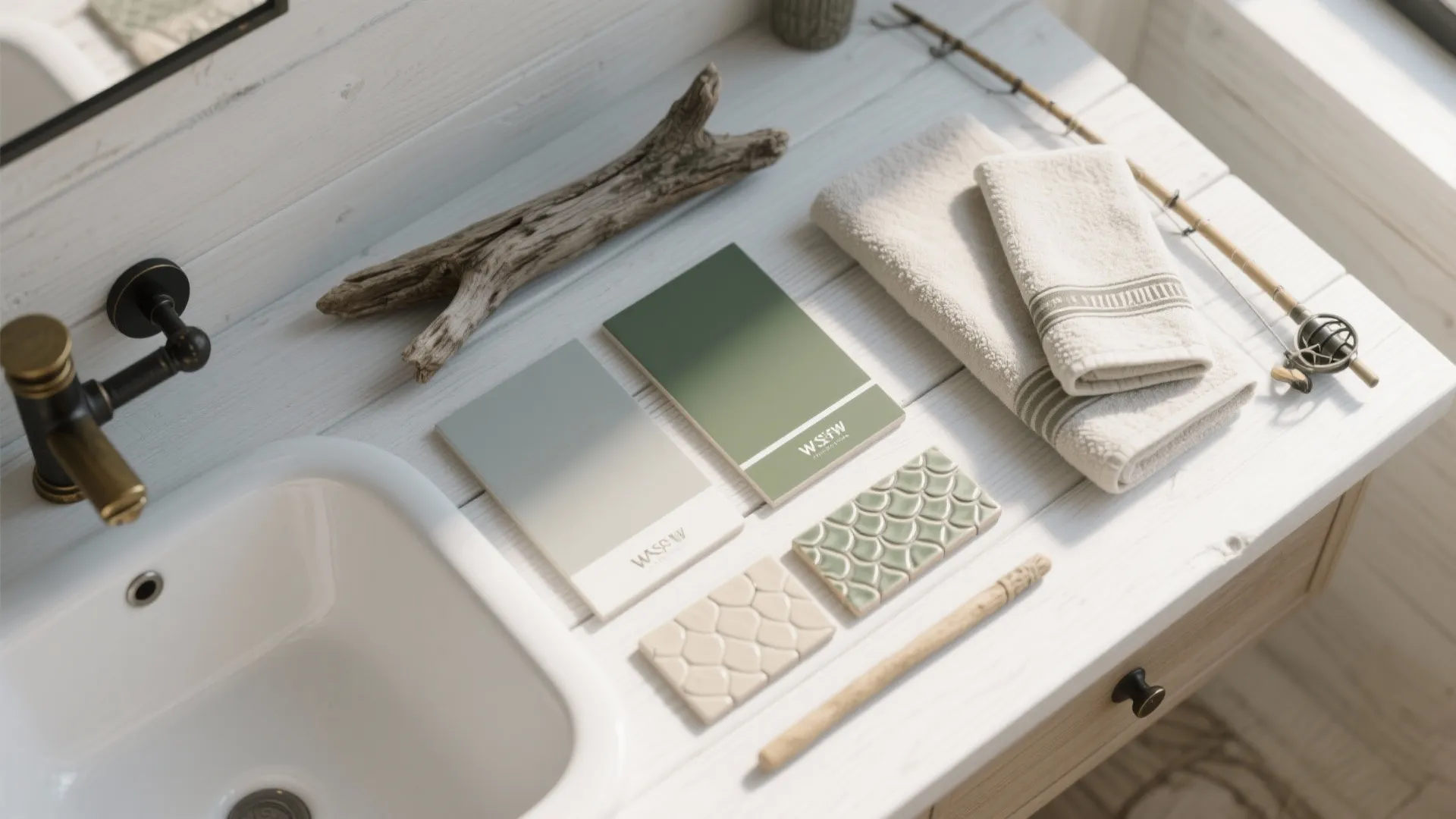 Top-down flat lay of fishing bathroom palette with misty gray, reed green, sand tones, fish-scale tiles, weathered wood, and metal hardware.