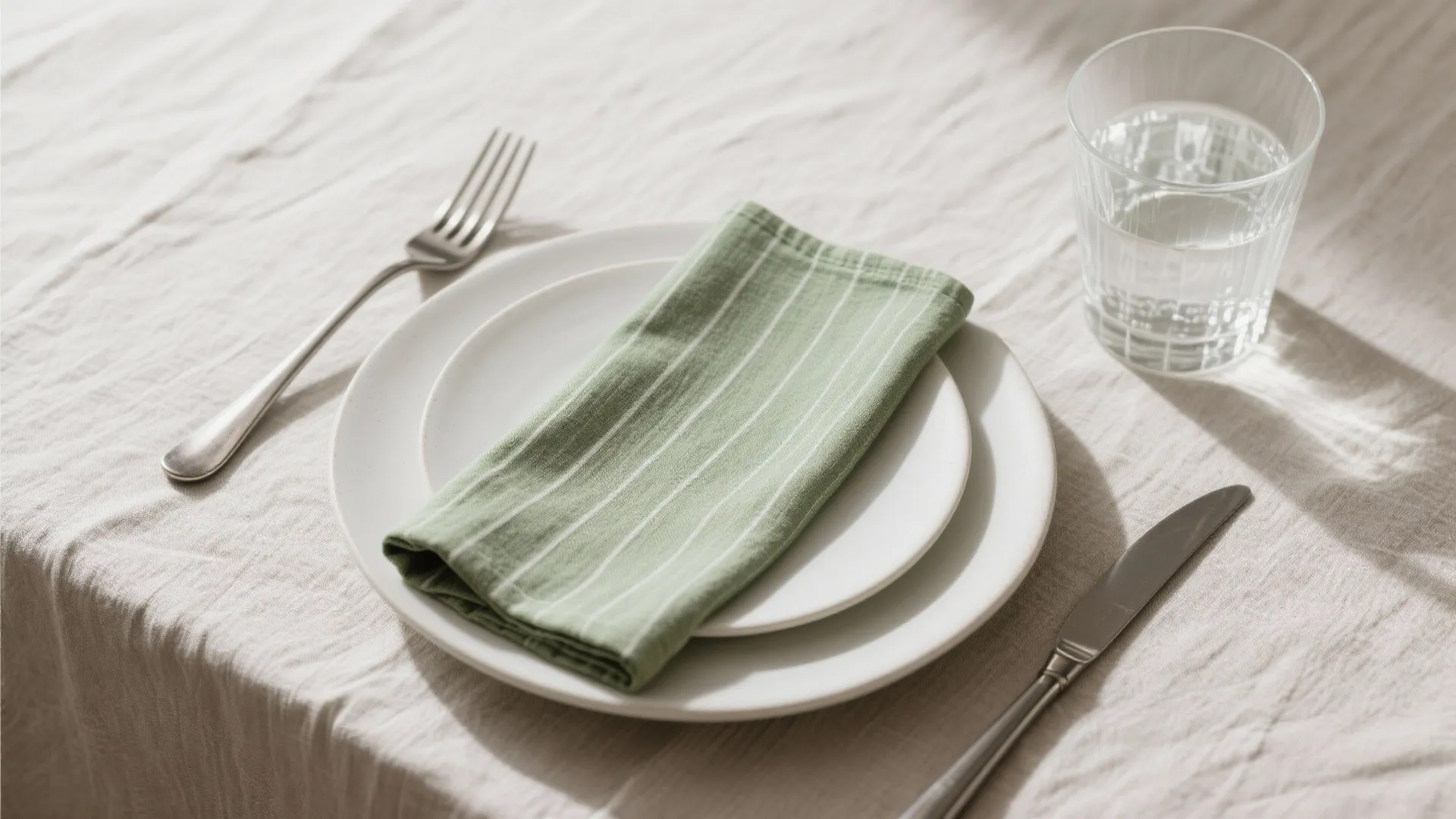 Stacked white plates with green striped napkin fork knife and water glass on beige cloth