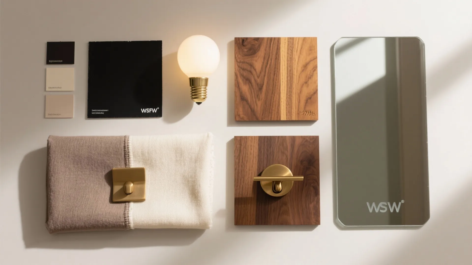 Interior design mood board with wood samples color swatches fabric light bulb and mirror piece
