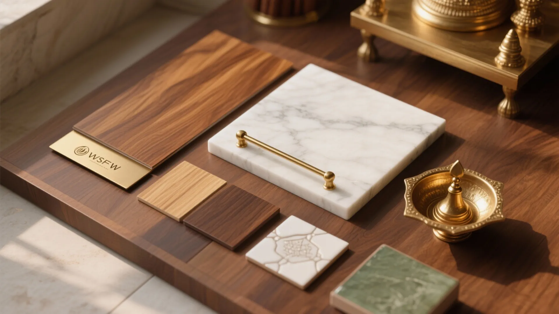 Earthy Wood, Brass and Marble Palette with Easy-Clean Surfaces