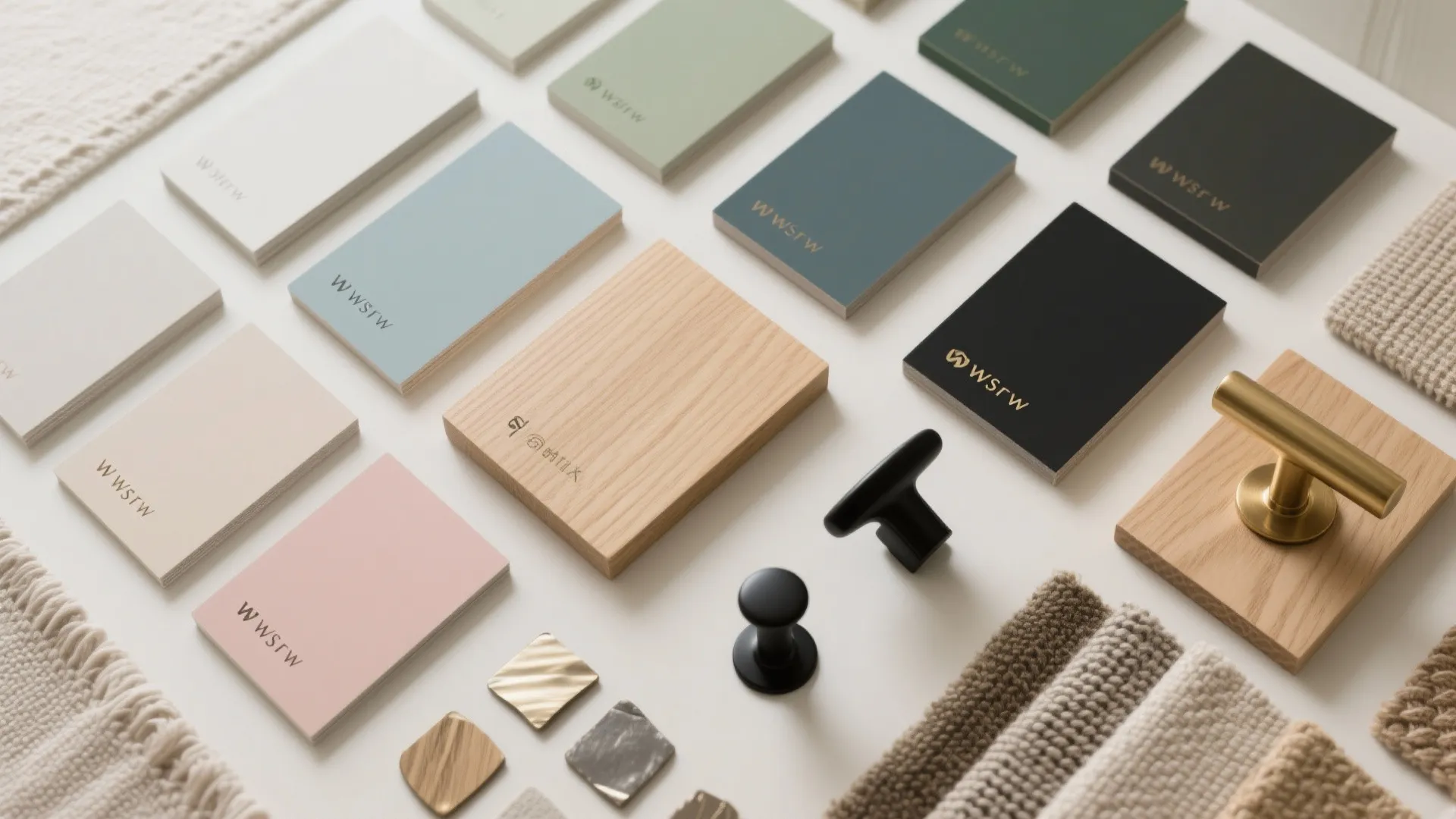 Interior design mood board with colorful paint samples wood blocks black handles and textile fabric swatches