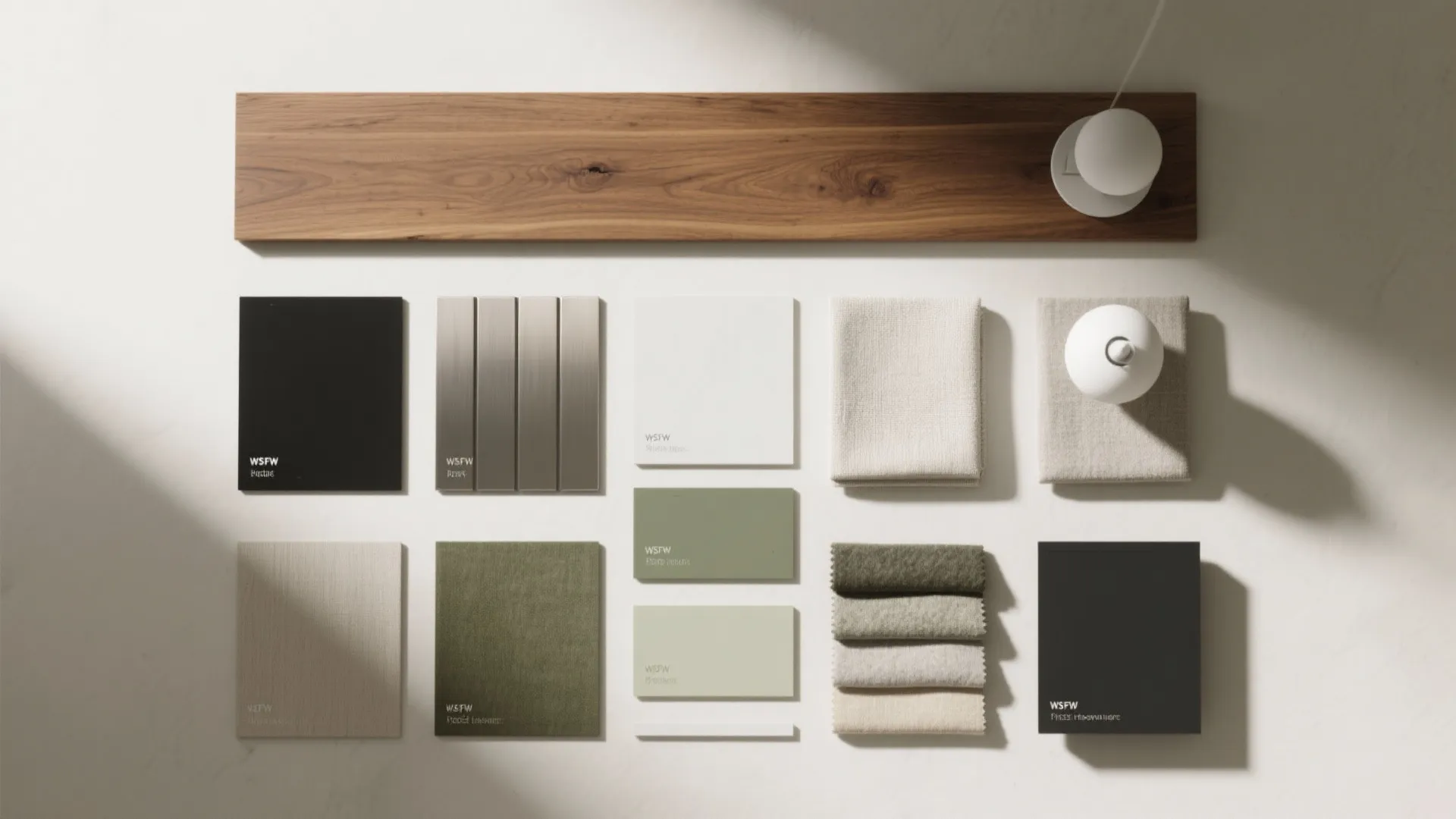Flatlay of cohesive palette: warm oak, matte black and brushed nickel metals, calm paint chips, and linen and wool fabrics.