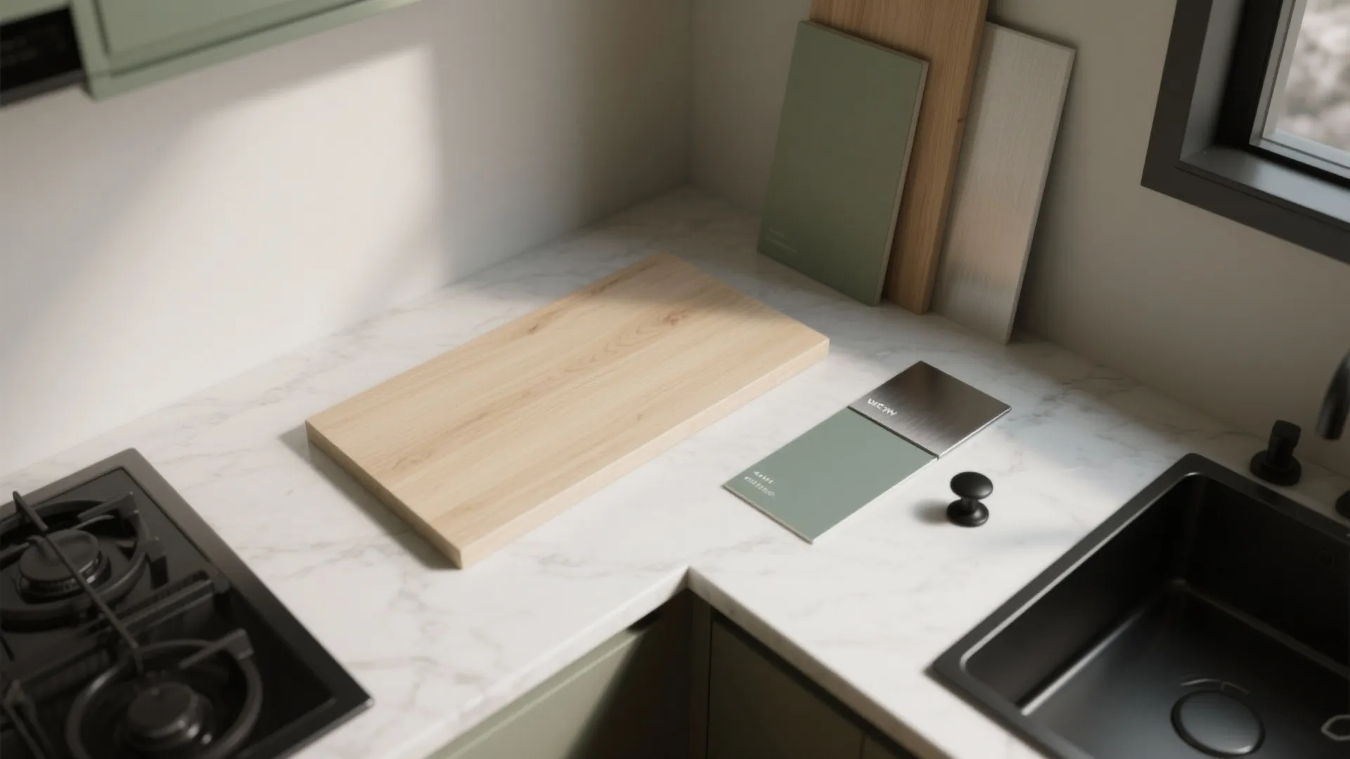 Modern kitchen countertop showing wood board green color samples black sink and gas stove top