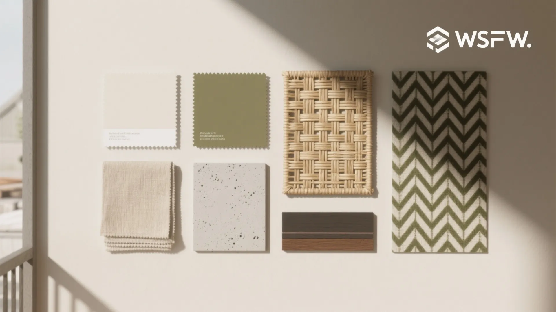 Interior design mood board with fabric samples green colors wood patterns and stone material textures