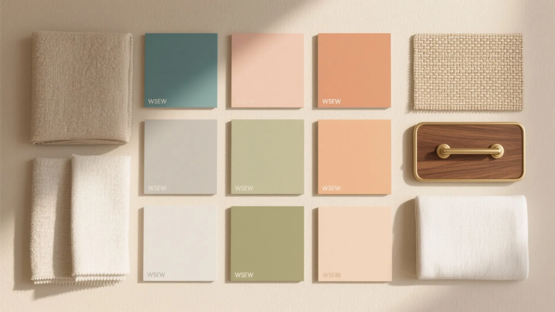 Flat lay showing colorful paint swatches, fabric samples, and a wooden handle on beige background