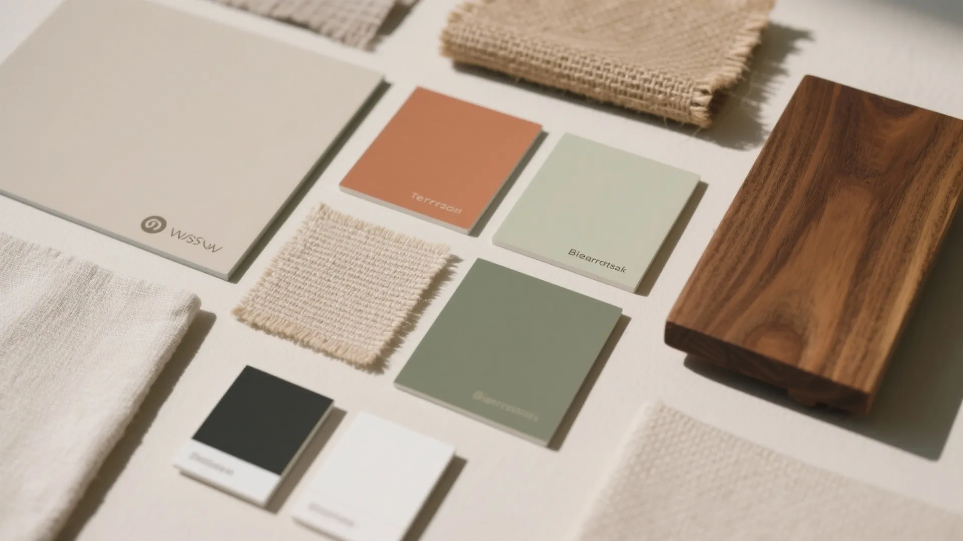 Interior design mood board with color swatches wood samples and fabric textures for home decoration