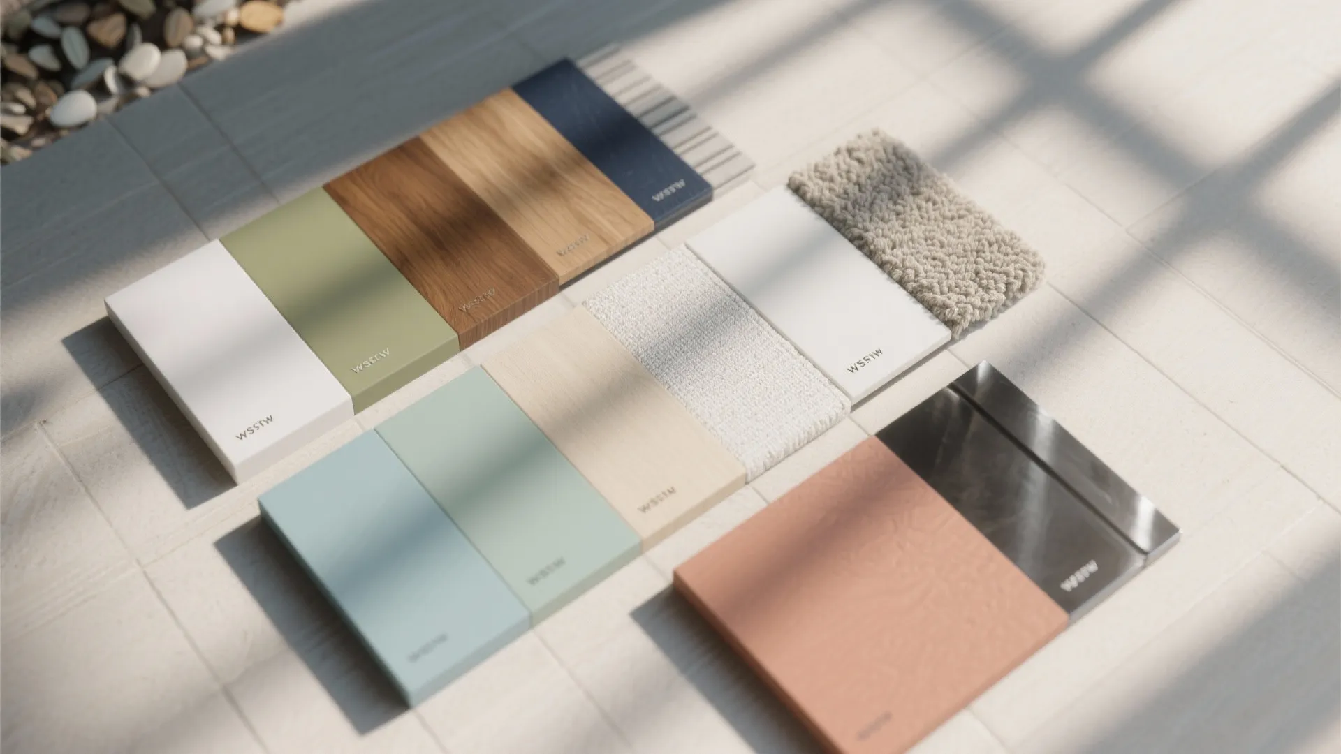 Interior design material board with colorful tiles wood samples carpet swatches and metal plates on floor