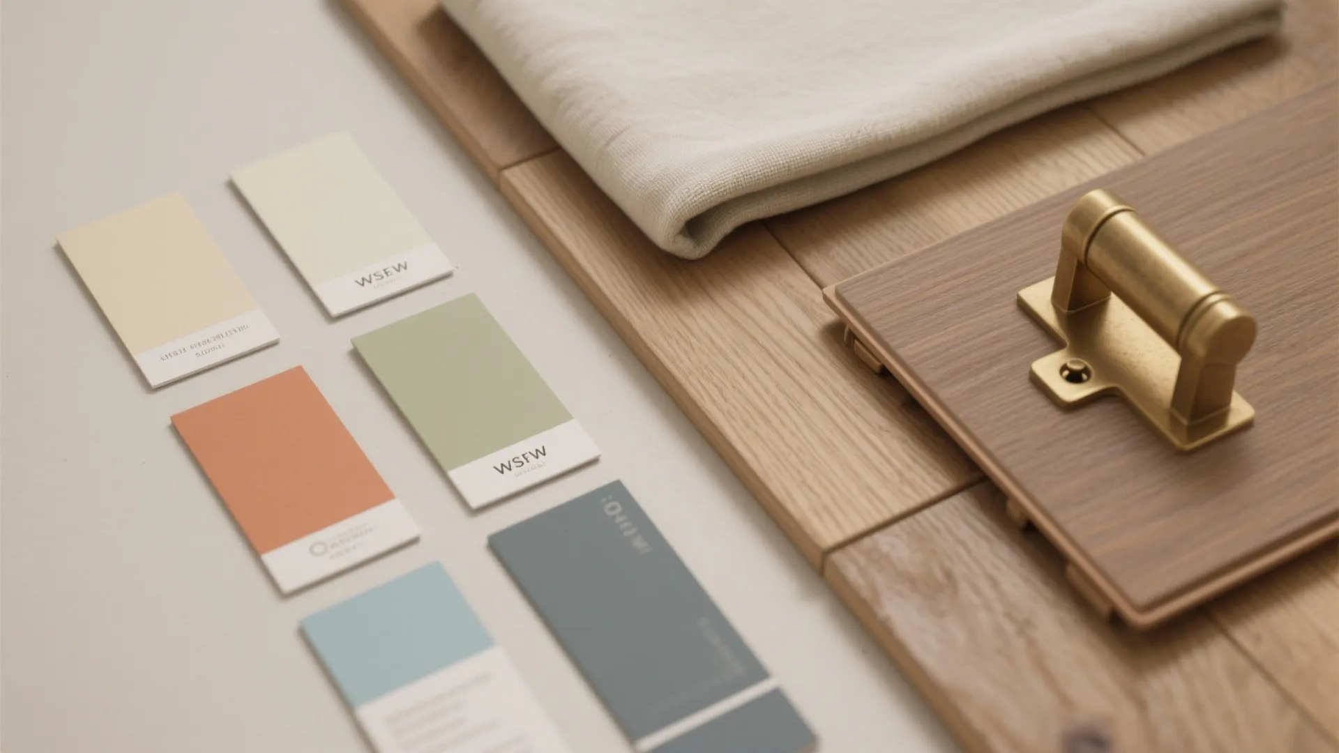 Interior design mood board with color swatches, wooden flooring samples, fabric, and a metal handle