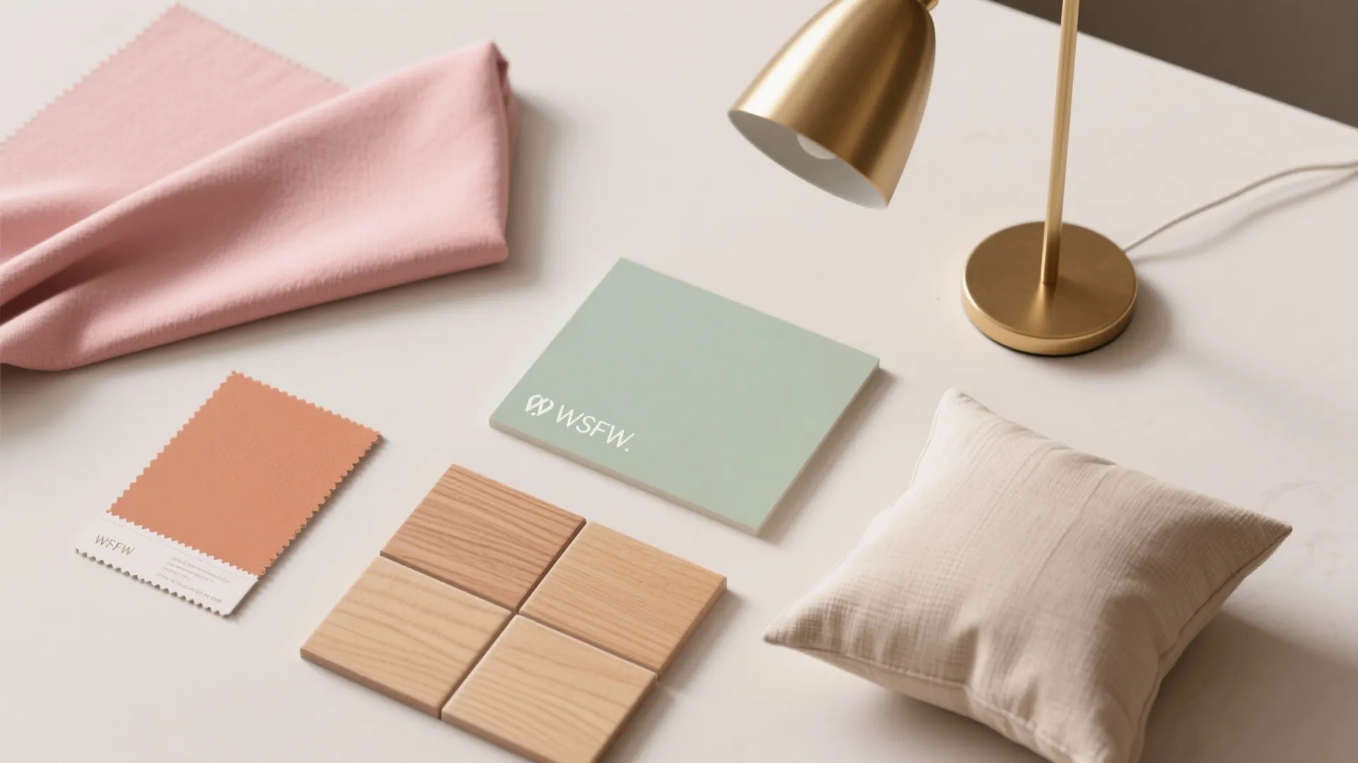 Interior design mood board with fabric swatches wooden tiles gold desk lamp and small pillow