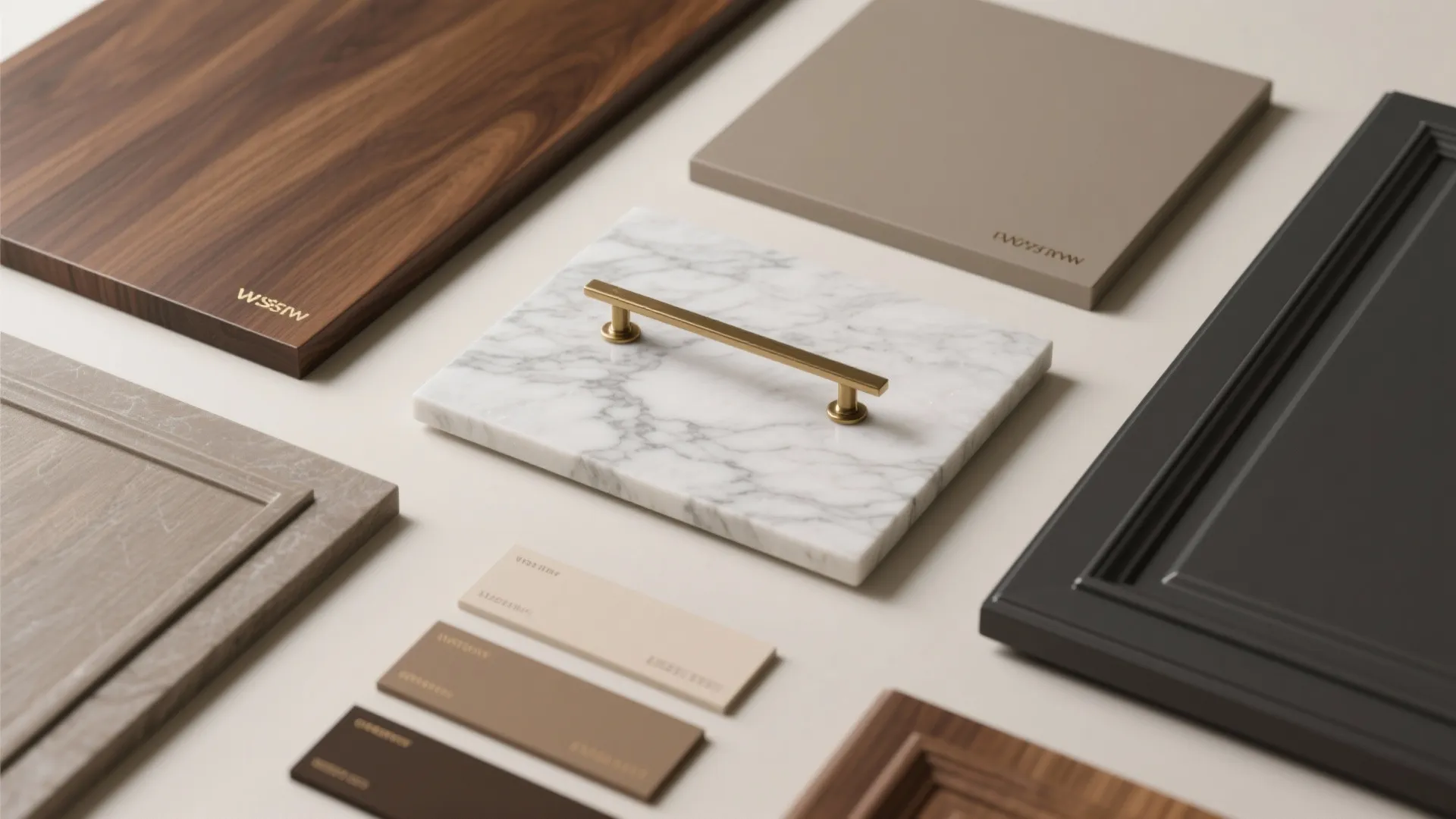 Interior design materials including wood panels marble tile gold handle and various colored paint swatches
