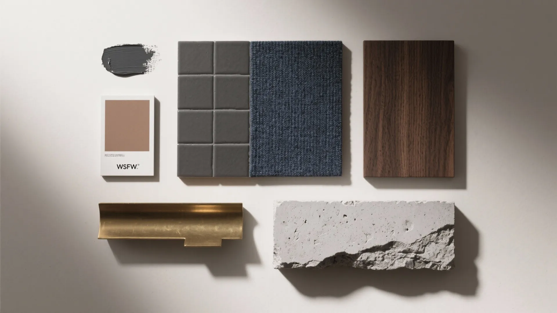 Top-down flatlay of charcoal, warm grey, deep navy swatches and wood samples for a masculine bathroom palette.