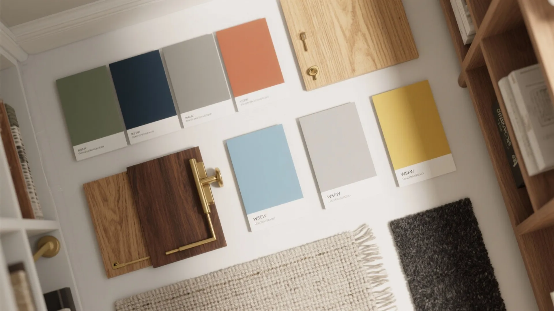 Top view of interior design mood board with various color cards and small wood samples