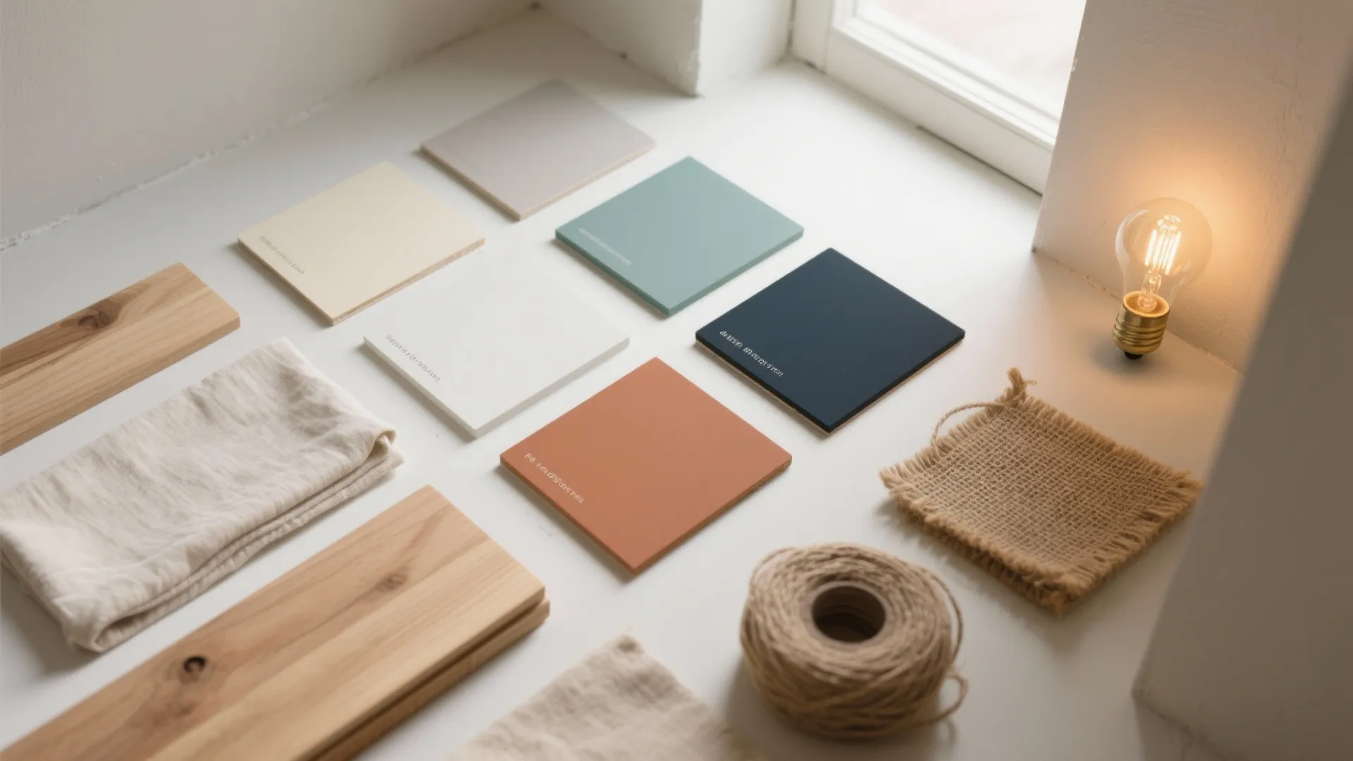 Top-down flatlay of unlabeled paint swatches—ivory, greige, warm white, blue-green, terracotta, charcoal—with oak and linen materials