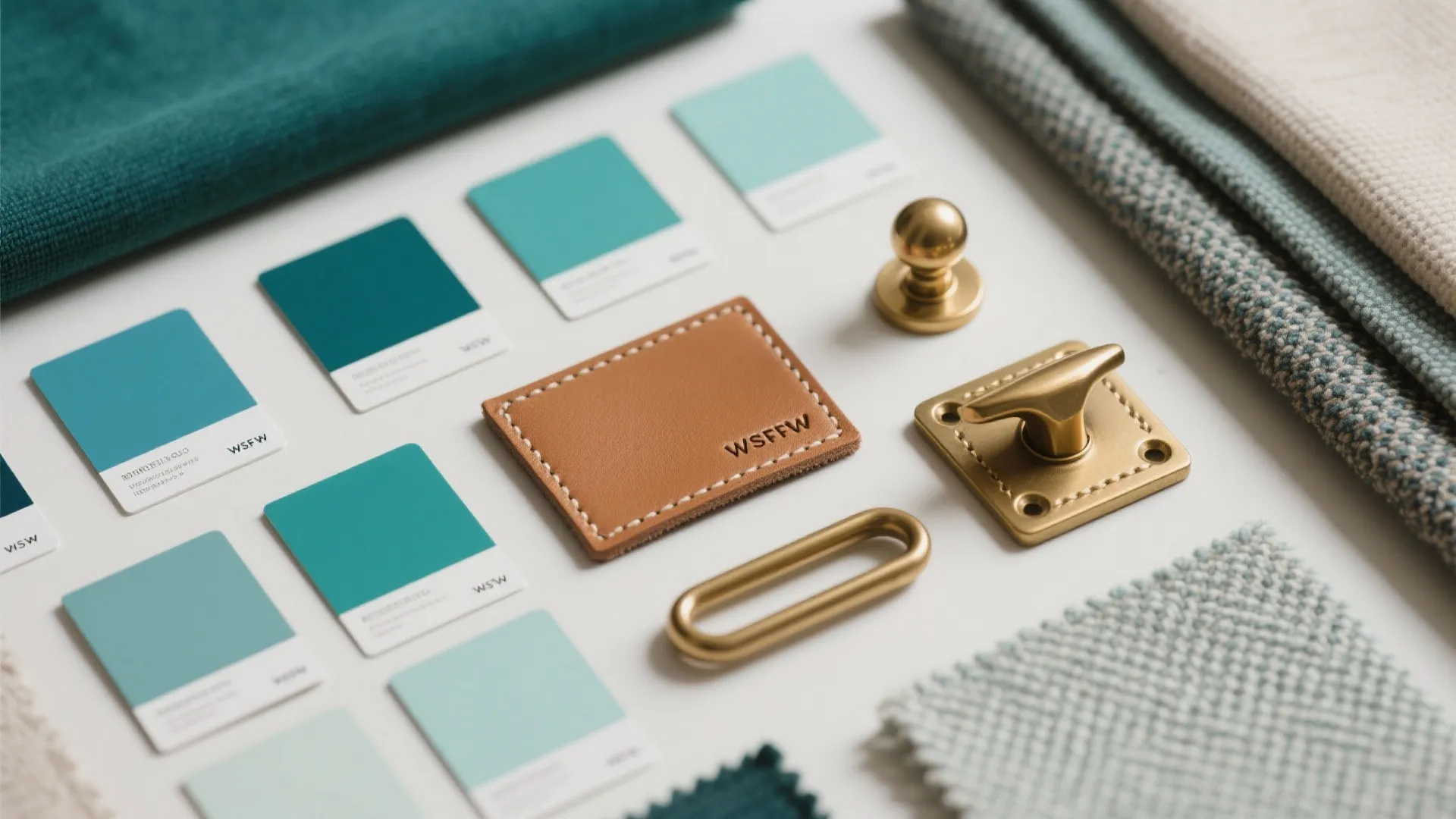 Interior design mood board with green fabric swatches blue color palettes and brass metal hardware