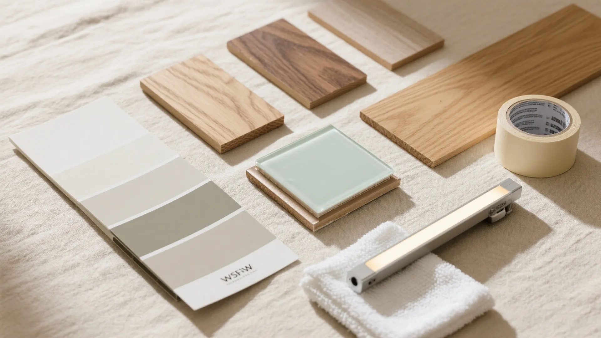 Interior design materials including wood samples paint swatches glass tiles and small white light fixture