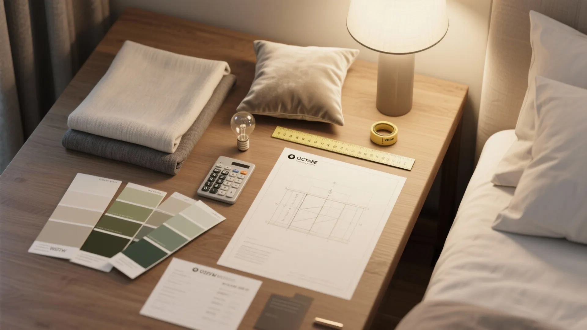Interior design plan with color samples, calculator, ruler, fabric, and light fixture on wooden desk