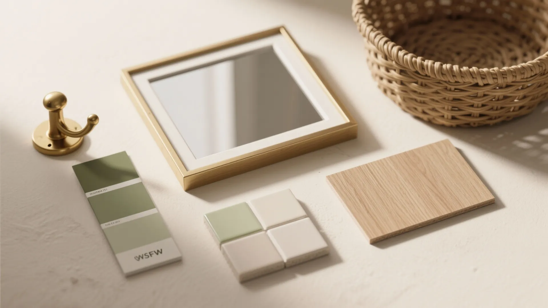 Flatlay of a simple bathroom palette with paint swatches, brass hook, tile chip, and basket.