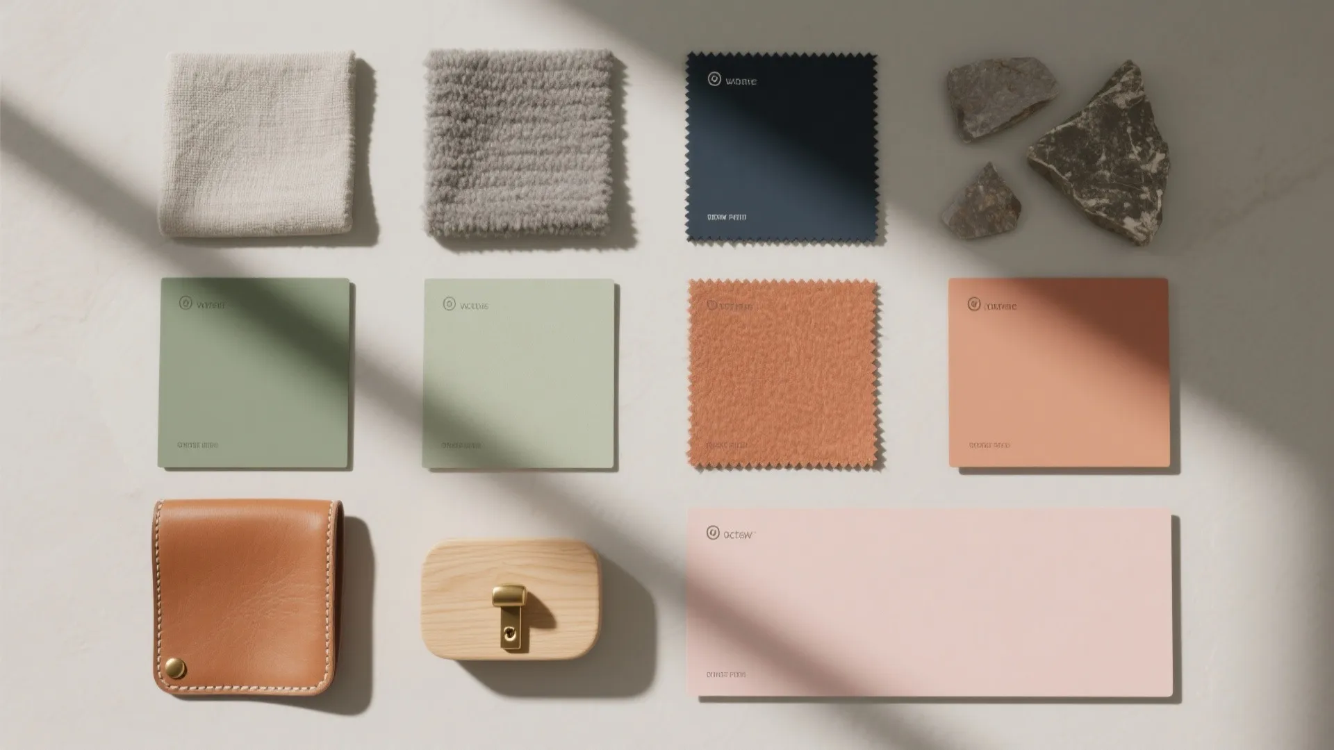 Material mood board with fabric swatches, color cards, leather pouch, wood hook, and natural stones