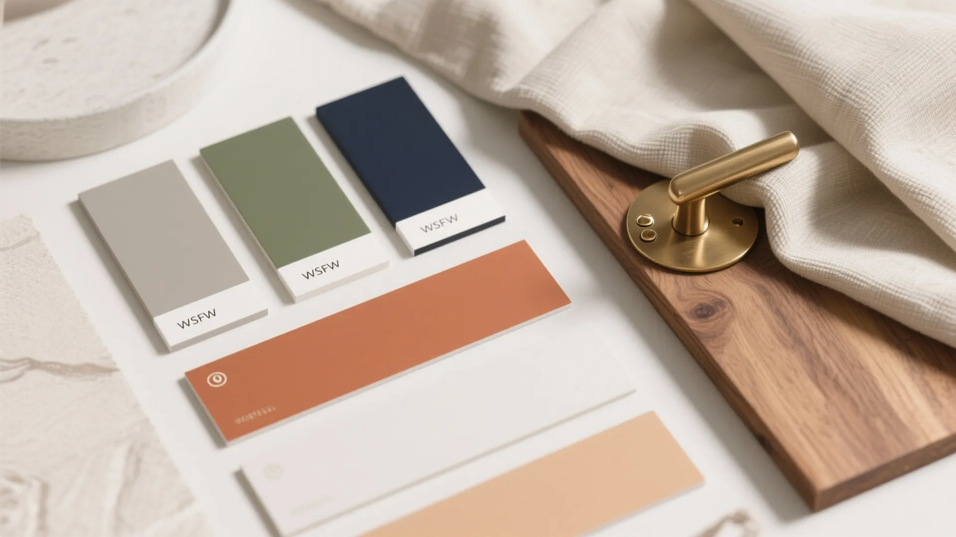 Top-down flat lay of warm neutrals, greens, navy, and terracotta swatches with oak, brass, and linen.
