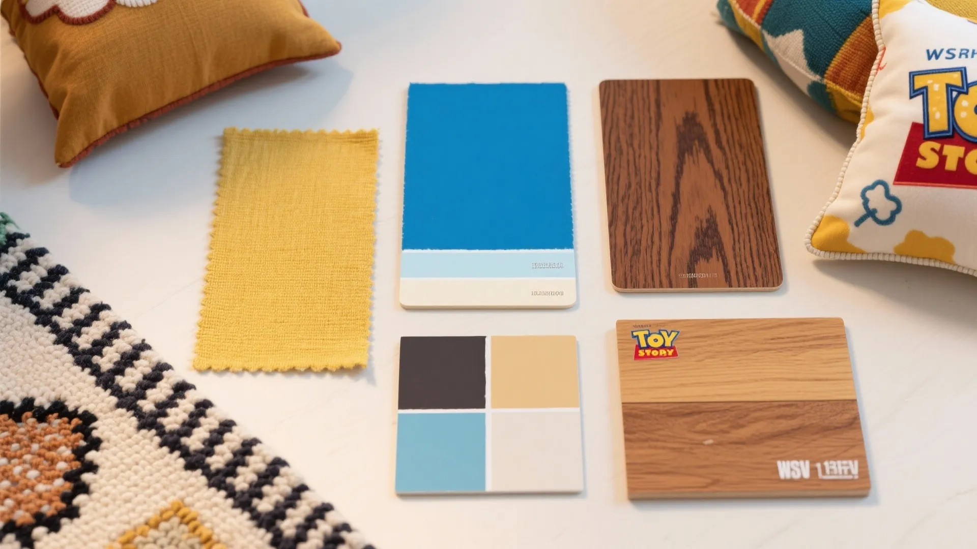 Top-down flatlay of Toy Story-inspired color palette swatches and fabric samples.